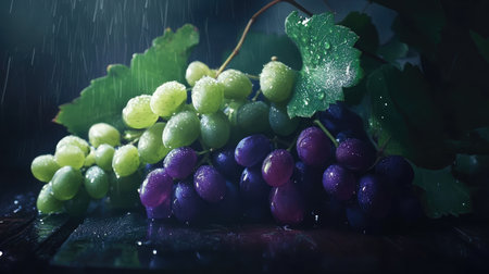 A stunning close-up of fresh green and purple grapes with water droplets, showcasing their rich textures and vibrant colors against a dark, moody background.の素材