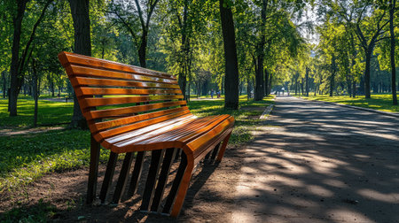 A peaceful park bench surrounded by vibrant greenery and dappled sunlight, perfect for moments of relaxation and contemplation in nature.の素材
