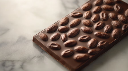 A beautifully crafted chocolate bar featuring a stunning coffee bean design, set against a smooth marble background, highlighting its luxurious appeal and perfect for gourmet-themed projects.の素材