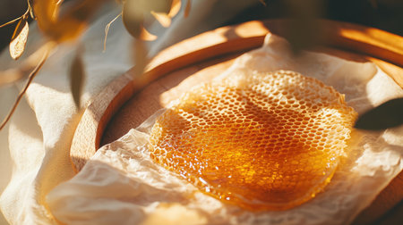 A beautiful close-up of a fresh honeycomb on a natural fabric surface, infused with soft light and surrounded by greenery, ideal for food and wellness content.の素材
