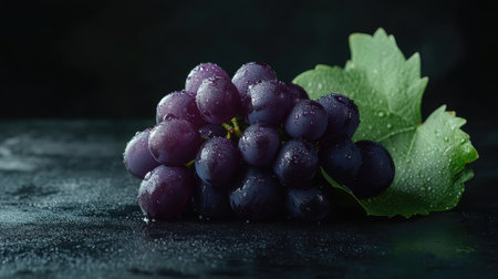 A close-up of fresh grapes glistening with water droplets on a dark surface, surrounded by a green leaf, showcasing vibrant color and natural beauty.の素材