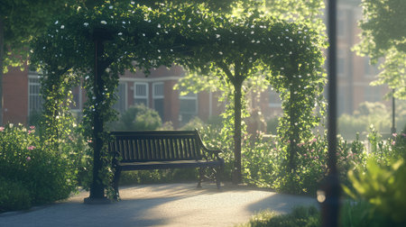 A peaceful park scene featuring a wooden bench under a lush, flowering archway. Soft sunlight filters through the leaves, creating a serene atmosphere perfect for relaxation.の素材