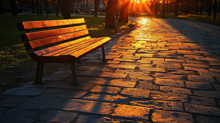 A tranquil park scene featuring a wooden bench illuminated by the warm rays of a sunset. The stone pathway adds charm to this serene retreat in nature.の素材