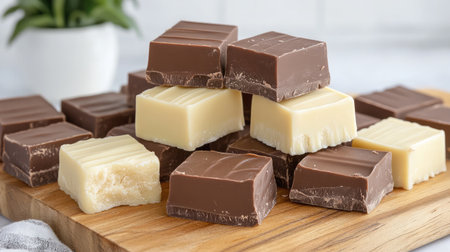 A beautiful arrangement of assorted chocolates, featuring dark, milk, and white varieties, perfect for any occasion or celebration, set on a rustic wooden board.の素材