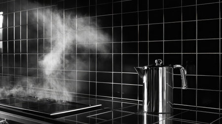 A sleek kitchen scene featuring steam rising from a metal pot on a glossy black surface. The minimalist design adds elegance to the cooking environment.の素材