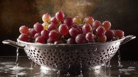 A vibrant arrangement of fresh grapes in a colander, glistening with water droplets. This still life captures the essence of health and freshness, perfect for culinary themes.の素材