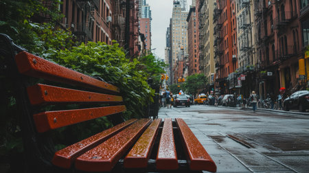 A vibrant urban street scene in New York City after a rainfall, featuring a wet bench and lush greenery. Perfect for showcasing city life and atmosphere.の素材