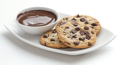 A platter featuring freshly baked chocolate chip cookies accompanied by a bowl of rich melted chocolate sauce, ideal for dessert lovers and snack enthusiasts.の素材