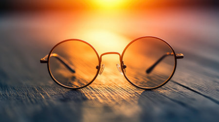 A pair of vintage round glasses rests on a wooden surface, illuminated by a warm sunset glow. The soft light and colors create a serene atmosphere perfect for artistic themes.の素材
