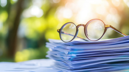 A pair of stylish glasses rests atop a stack of papers, illuminated by soft natural light in the background. Ideal for themes of education and productivity.の素材