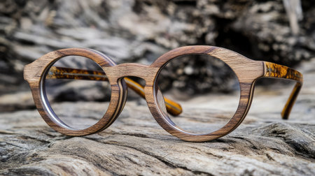 A pair of unique wooden glasses resting on a natural surface, showcasing the blend of modern design and organic materials in eyewear fashion.の素材