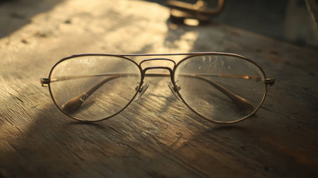 A pair of vintage glasses rests on a wooden surface, illuminated by soft, natural light. The scene captures a nostalgic and artistic ambiance, showcasing intricate design details.の素材