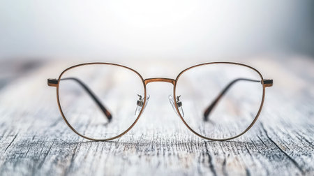 A pair of elegant vintage glasses displayed on a textured wooden surface, showcasing timeless charm and modern minimalism in eyewear design.の素材