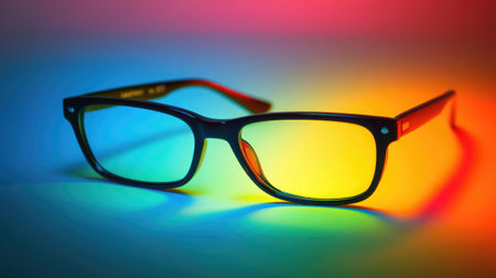 A pair of stylish glasses rests against a vibrant, colorful background, showcasing unique light reflections and artful design elements.の素材