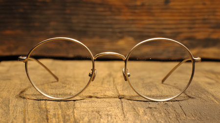 A pair of vintage round glasses resting on a rustic wooden surface, showcasing elegant craftsmanship and timeless design. Perfect for creative projects.の素材