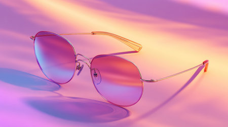 A pair of stylish sunglasses featuring round pink lenses and a sleek metal frame rests on a colorful background, capturing a vibrant aesthetic perfect for summer.の素材