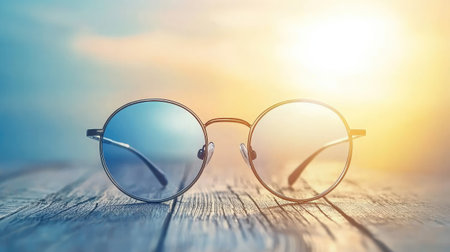 A pair of stylish sunglasses resting on a wooden surface, illuminated by warm sunlight. The serene scene captures the essence of summer relaxation and fashion.の素材