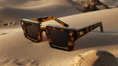 A pair of stylish tortoiseshell sunglasses rests on sandy desert terrain, showcasing modern design and elegance perfect for summer adventures and outdoor activities.の素材