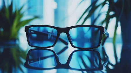 A pair of stylish blue-tinted glasses rests on a reflective surface. The vibrant colors and sleek design make this eyewear perfect for modern fashion.の素材
