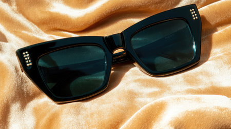 Elegant cat-eye sunglasses resting on a smooth satin fabric, capturing a chic and trendy look perfect for fashion lovers and summer vibes.の素材