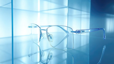 A pair of stylish transparent glasses set against a soft blue background, showcasing modern design elements and reflecting light beautifully. Ideal for fashion-related projects.の素材