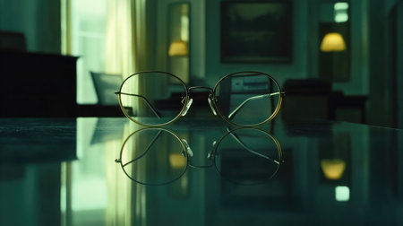 A pair of elegant glasses rests on a reflective surface, showcasing its artistic design against a softly illuminated interior, creating a serene ambiance.の素材