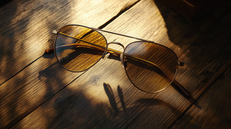 A pair of stylish sunglasses resting on a wooden table, capturing the warm light and soft shadows. This image evokes a sense of elegance and casual summer vibes.の素材