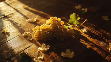 A beautiful arrangement of sunlit grapes on a wooden surface, accompanied by delicate petals, capturing the essence of natureの素材
