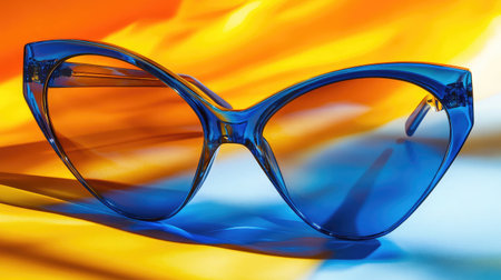 A pair of striking blue cat-eye sunglasses placed gracefully against a vibrant, colorful backdrop, perfect for showcasing modern fashion trends.の素材