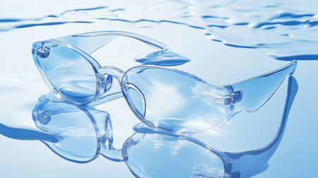 A unique pair of transparent glasses rests gracefully on a calm water surface, reflecting light and creating a serene visual that embodies elegance and modern design.の素材