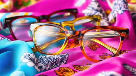 Explore the charming display of colorful glasses resting on a vibrant fabric. This close-up shot highlights the stylish design and playful aesthetic of eyewear.の素材