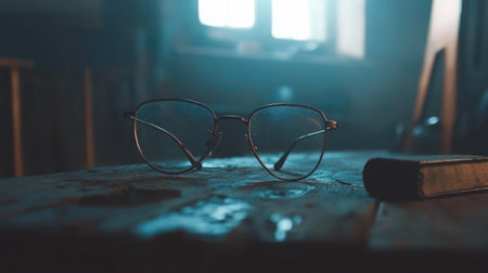 A pair of glasses rests on a wooden table, capturing a serene moment. Soft light illuminates the scene, highlighting the vintage charm and tranquility of the setting.の素材