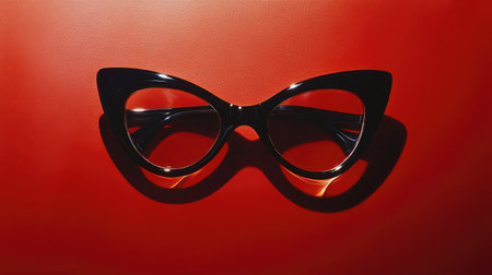 A pair of stylish cat-eye glasses rests on a vibrant red surface, showcasing a modern design. The bold contrast enhances their elegant silhouette and artistic appeal.の素材