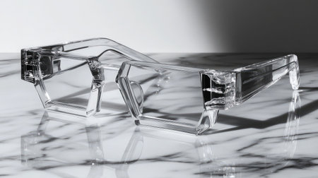 Clear fashionable glasses display on a marble surface, showcasing modern design and elegant style. The interplay of light and shadows creates a striking visual effect.の素材