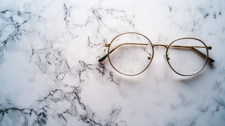 A pair of stylish eyeglasses resting on a serene marble background. The round frame embodies a modern aesthetic, perfect for minimalist decor.の素材