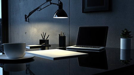 A modern workspace featuring a laptop, stationery items, and a cup of coffee on a sleek desk. Ideal for themes of productivity and creativity in an elegant setting.の素材