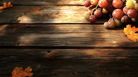 A beautiful arrangement of colorful grapes rests on a rustic wooden table, surrounded by autumn leaves. The warm sunlight creates soft shadows, enhancing the tranquil atmosphere. Perfect for seasonal decor or food-related themes.の素材