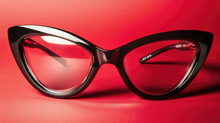 A pair of stylish cat-eye sunglasses elegantly rests against a vibrant red background, showcasing a chic and retro design perfect for fashion enthusiasts.の素材