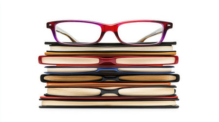 A vibrant arrangement of colorful notebooks topped with stylish glasses, perfect for education, study, or inspiration in a modern workspace.の素材