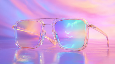 A pair of stylish transparent glasses reflecting colorful hues, set against a vibrant background. Ideal for fashion and aesthetic-focused projects.の素材