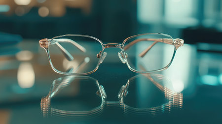 A pair of elegant glasses rests on a reflective surface, beautifully illuminated by soft light. This stylish eyewear captures modern design and sophistication.の素材