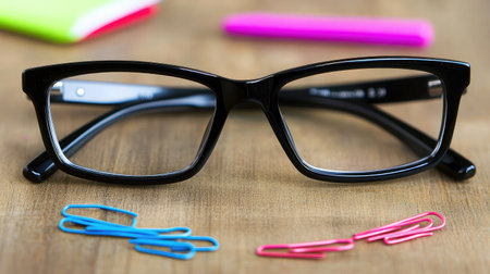 A pair of stylish black glasses rests on a wooden desk surrounded by colorful stationery items. Perfect for a modern workspace or study environment.の素材
