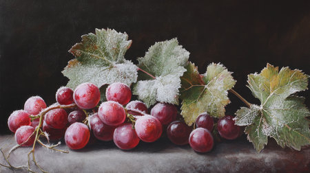 A stunning still life of frosted grapes with leaves, showcasing the beauty of nature in a dark setting. Perfect for food and art enthusiasts.の素材