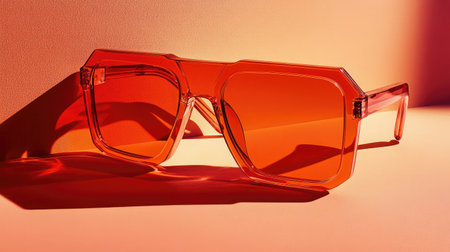 Stylish orange sunglasses with a geometric design sit on a soft pink background, highlighting their vibrant color and modern aesthetic. Perfect for summer fashion.の素材