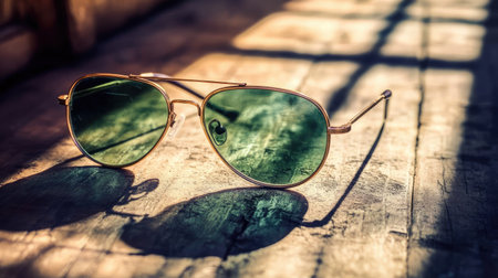 A pair of stylish sunglasses rests on a wooden surface, casting intriguing shadows. The sunlight accentuates its retro design, perfect for summer vibes.の素材