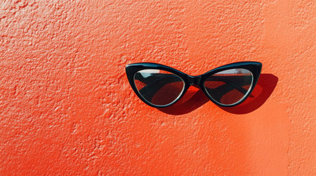 Elegant black cat-eye sunglasses are placed against a vivid red wall, creating a striking visual contrast perfect for fashion and accessory photography.の素材