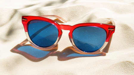 Stunning bright red sunglasses with blue lenses resting on a sandy surface, perfect for summer vibes and eye-catching fashion photography.の素材
