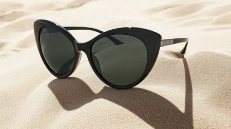 Capture the essence of summer with these stylish cat-eye sunglasses resting elegantly on a sandy beach, illustrating fashion and leisure in a sunny setting.の素材