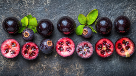 A vibrant arrangement of fresh black and purple fruits displayed on a textured stone surface, showcasing their natural beauty and rich colors. Perfect for culinary and healthy lifestyle visuals.の素材