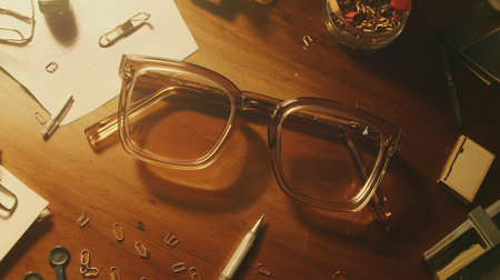 A stylish pair of vintage glasses rests on a wooden desk surrounded by office supplies, creating a creative and organized workspace atmosphere.の素材